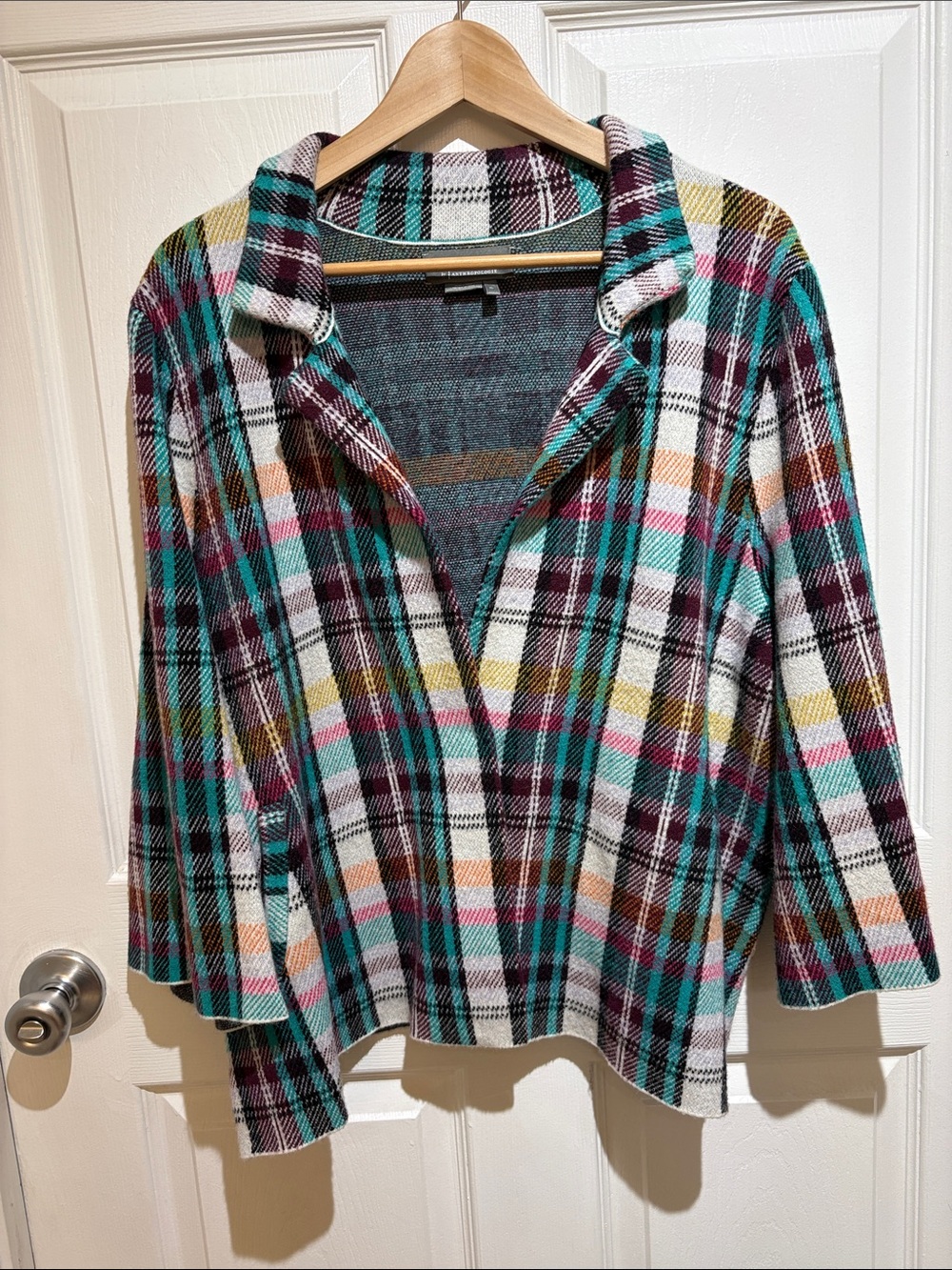 Anthropologie Multicolor Plaid Open-Front Jacket in Teal plum yellow nerdy cute